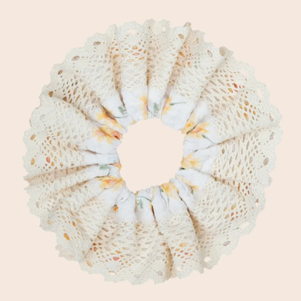 Floral Lace Scrunchie Hair Tie Cream Yellow Cottagecore Boho Kids Accessory